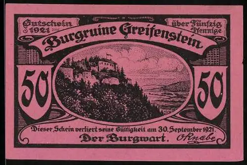 Notgeld Greifenstein 1921, 50 Pfennig, Burgruine auf dem Berg