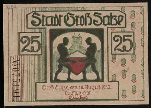 Notgeld Gross Salze 1920, 25 Pfennig, Zwei Gestalten schleppen Salz
