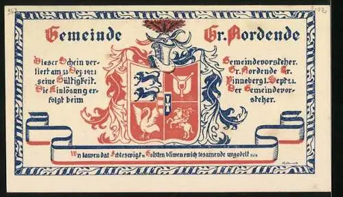 Notgeld Gr. Nordende 1921, 25 Pfennig, Ein Bauer mit zwei Ochsen