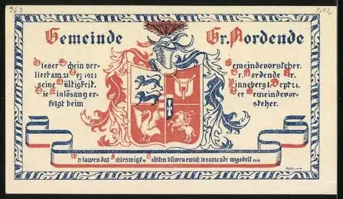 Notgeld Gr. Nordende 1921, 50 Pfennig, Frontalansicht eines Hauses