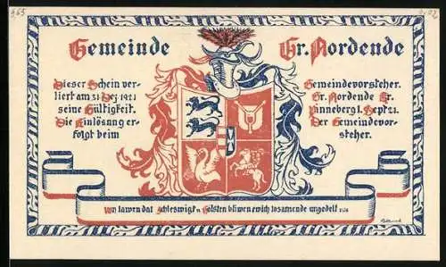 Notgeld Gr. Nordende 1921, 75 Pfennig, Ein Mann mit zwei Pferden