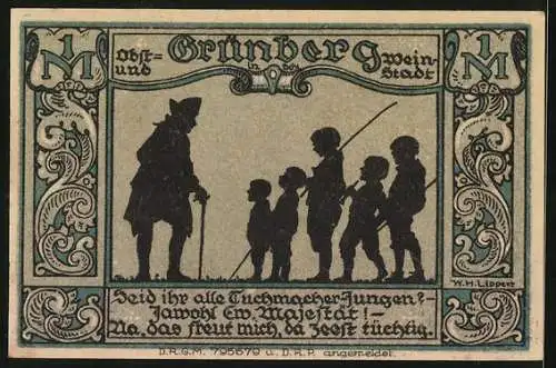 Notgeld Grünberg i. Schl., 1 Mark, Friedrich der Grosse und Tuchmacher-Jungen