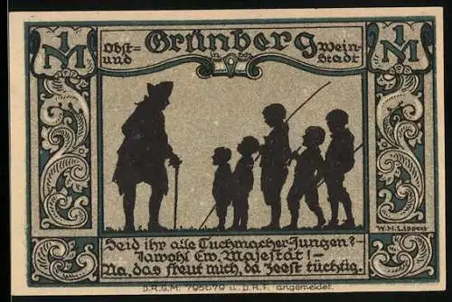 Notgeld Grünberg i. Schl., 1 Mark, Friedrich der Grosse und Tuchmacher-Lehrlinge