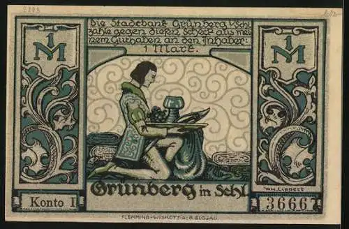 Notgeld Grünberg i. Schl., 1 Mark, Friedrich der Grosse und Tuchmacher-Lehrlinge