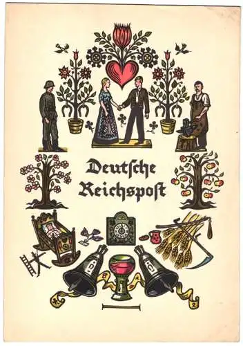 Telegramm Deutsche Reichspost, Darmstadt 1938, an Hansen und Gattin, Soldat, Schmied, Ehepaar, Rückseite Postillon