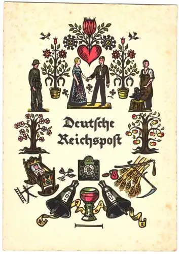 Telegramm Deutsche Reichspost, Berlin 1938, Hochzeit Fam. Wittig, Schmied, Soldat mit Gewehe, Rückseite Postillon