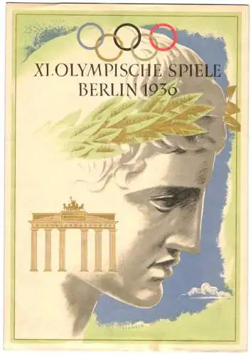 Telegramm XI. Olympische Spiele Berlin 1936, Brandenburger Tor, Entwurf: Stanzig, Rückseite Olympiaglocke, Erasmusdruck