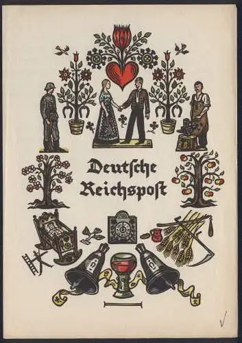 Telegramm Deutsche Reichspost, Düsseldorf 1941, Hochzeit Mehl-Harfer, Soldat in Uniform, Schmied, Postillon Rückseite
