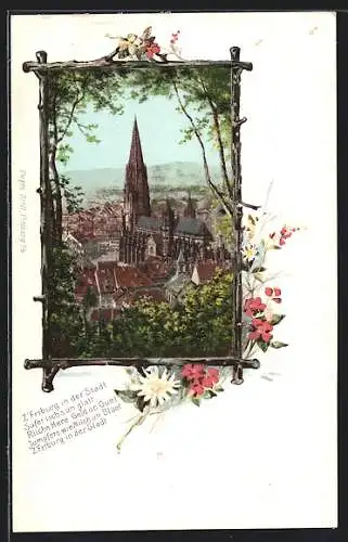 AK Freiburg i. B., Teilansicht mit Kirche, Passepartout