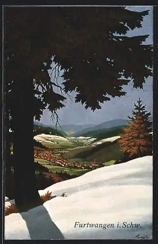 Künstler-AK Furtwangen, Ortspanorama mit Schnee auf den Hügeln