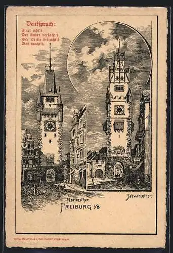 Künstler-AK Freiburg / Breisgau, Martinstor und Schwabentor