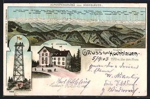 Lithographie Badenweiler, Hotel Hochblauen, Aussichtsturm, Alpenpanorama