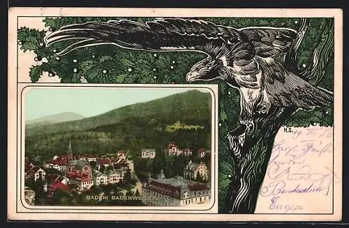 AK Badenweiler /Baden, Teilansicht mit Kirche, Adler auf einem Baum, Passepartout