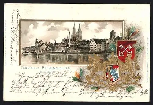 Passepartout-Lithographie Regensburg, Donauansicht mit Dom St. Peter, Wappen