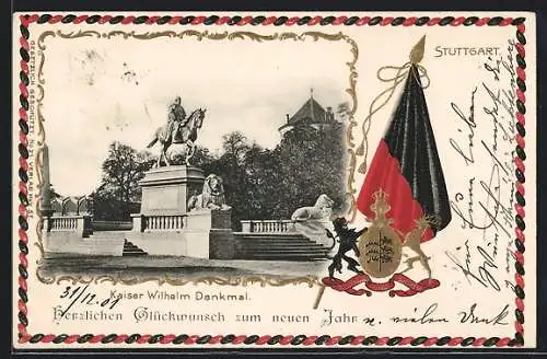 Passepartout-Lithographie Stuttgart, Kaiser Wilhelm Denkmal mit geprägtem Wappen