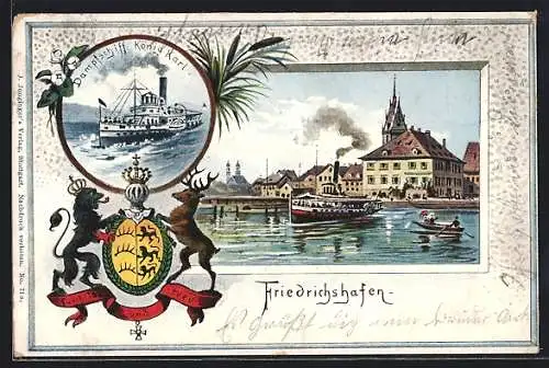 Künstler-AK Friedrichshafen, Uferpartie mit Dampfer, Dampfschiff König Karl, Wappen