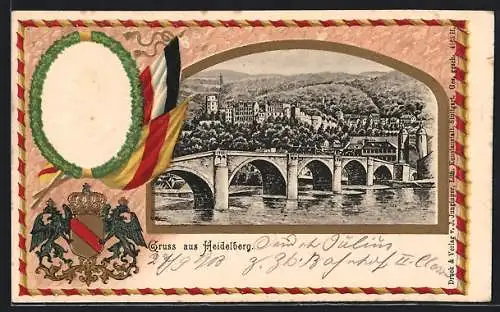 Passepartout-Lithographie Heidelberg / Neckar, Teilansicht und Brücke, Adler mit Wappen