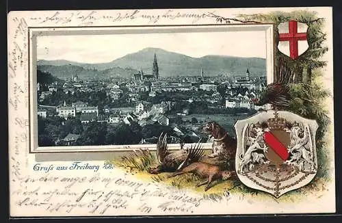 Passepartout-Lithographie Freiburg / Breisgau, Totalansicht, Wappen