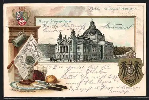 Passepartout-Lithographie Frankfurt /Main, Neues Schauspielhaus, Frankfurter Zeitung, Wappen