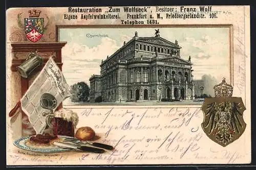 Passepartout-Lithographie Frankfurt a. M., Restaurant Zum Wolfseck, Friedbergerlandstr. 106, Opernhaus, Wappen