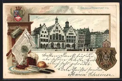 Passepartout-Lithographie Alt-Frankfurt, Römer, Wappen, Frankfurter Würstchen und Zeitung