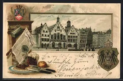 Passepartout-Lithographie Alt-Frankfurt, Römer, Wappen, Frankfurter Würstchen und Zeitung