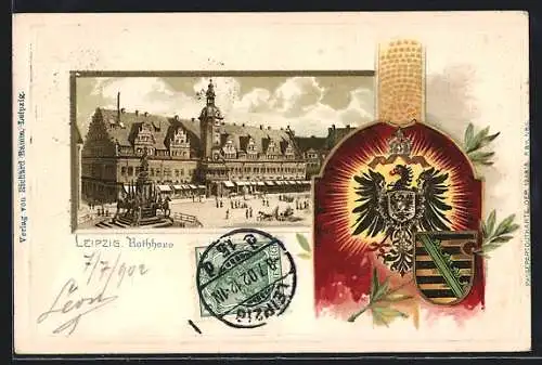 Passepartout-Lithographie Leipzig, Rathaus und Ortswappen