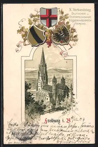 Passepartout-Lithographie Freiburg i. B., Kirche aus der Vogelschau, Wappen