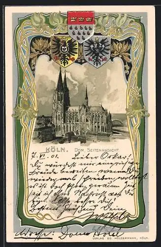 Passepartout-Lithographie Köln, Seitenansicht vom Dom, Wappen