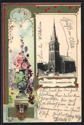 Passepartout-Lithographie Duisburg, Josephskirche, Wappen mit Vase