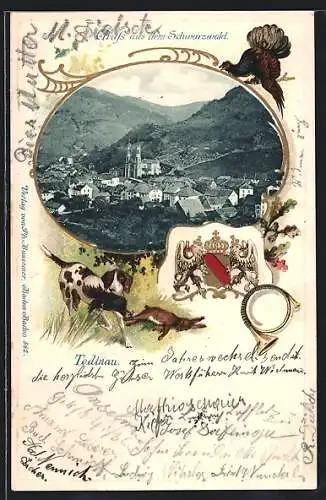 Passepartout-Lithographie Todtnau, Blick zum Ort, Wappen, Jagdhund, Jagdhorn