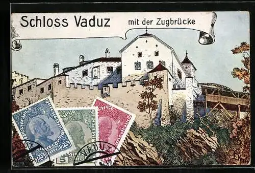 Künstler-AK Vaduz, Schlossansicht mit Zugbrücke