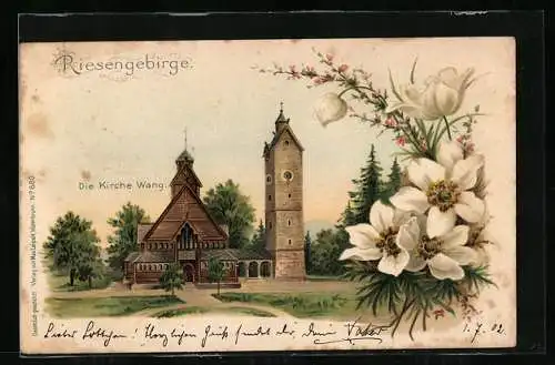 Lithographie Wang im Riesengebirge, Die Kirche, Passepartout mit Blumen