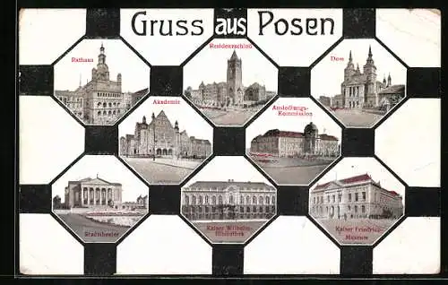AK Posen / Poznan, Rathaus, Akademie, Residenzschloss, Stadttheater
