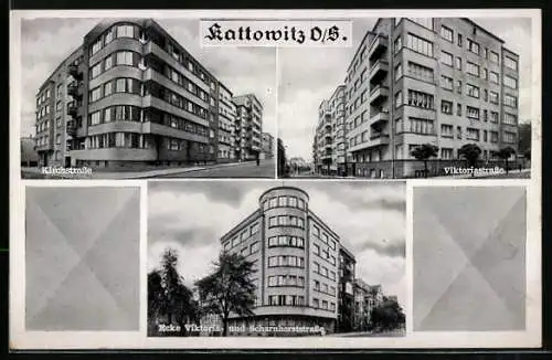 AK Kattowitz /O.-S., Kirchstrasse, Viktoriastrasse, Ecke Viktoria- und Scharnhorststrasse