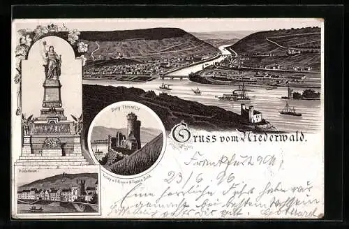 Lithographie Assmannshausen, Burg Ehrenfels, Niederwald-Denkmal