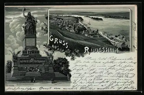 Mondschein-Lithographie Rüdesheim / Rhein, Panorama mit Ort und Rhein, Niederwalddenkmal