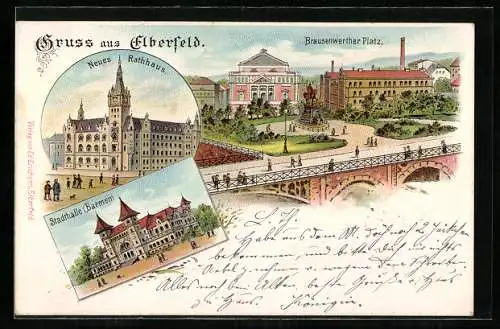 Lithographie Elberfeld, Neues Rathhaus, BRausenwerther Platz, Stadthalle Barmen