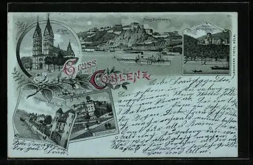 Mondschein-Lithographie Coblenz, St. Castor Kirche, Fort Constantin, Alte Häuser an der Mosel