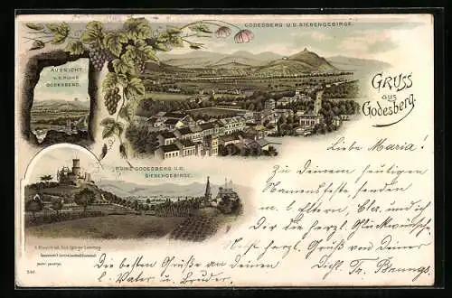 Lithographie Godesberg, Aussicht von der Ruine Godesberg, Ortsansicht mit Siebengebirge