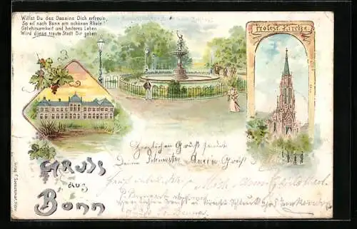 Lithographie Bonn, Leute vor einem Brunnen, Protest. Kirche, Spruch