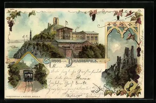 Lithographie Königswinter, Hotel auf dem Drachenfels, Ruine, Zug, Wein