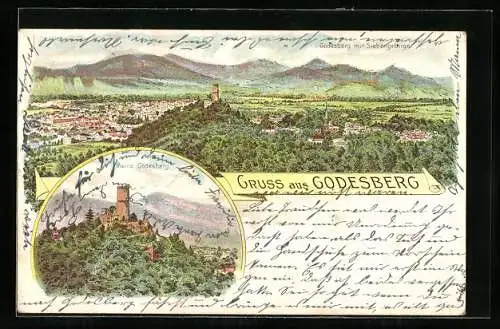 Lithographie Godesberg, Ruine Godesberg, Panorama mit Siebengebirge