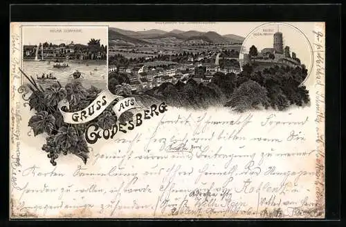 Lithographie Godesberg, Neuer Curpark, Ruine Godesberg, Ortsansicht mit Siebengebirge