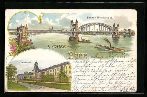 Lithographie Bonn, Rheinbrücke und Dampfer, Universität