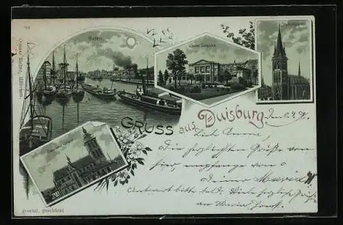 Mondschein-Lithographie Duisburg, Städt. Tonhalle, Salvatorkirche, Hafen