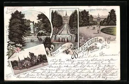 Vorläufer-Lithographie Kassel-Wilhelmshöhe, 1895, Cascaden, Schloss Wilhelmshöhe, Aquäduct-Wasserfall