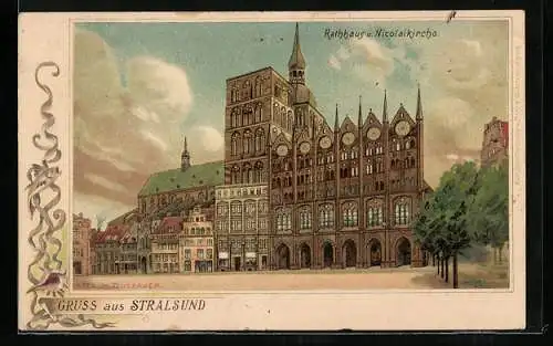 Lithographie Stralsund, Rathhaus und Nicolaikirche