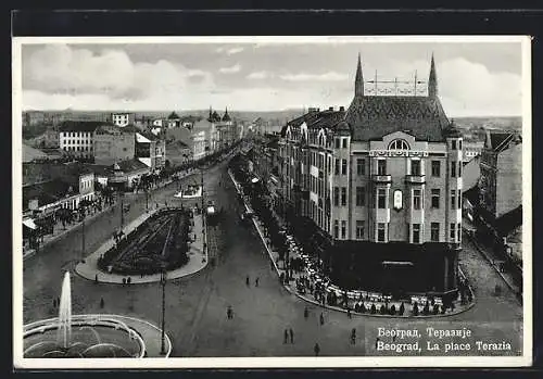 AK Beograd, La Place Terazia, Strassenpartie mit Strassenbahn