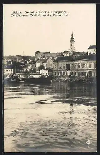 AK Belgrad, Zerschossene Gebäude an der Donaufront